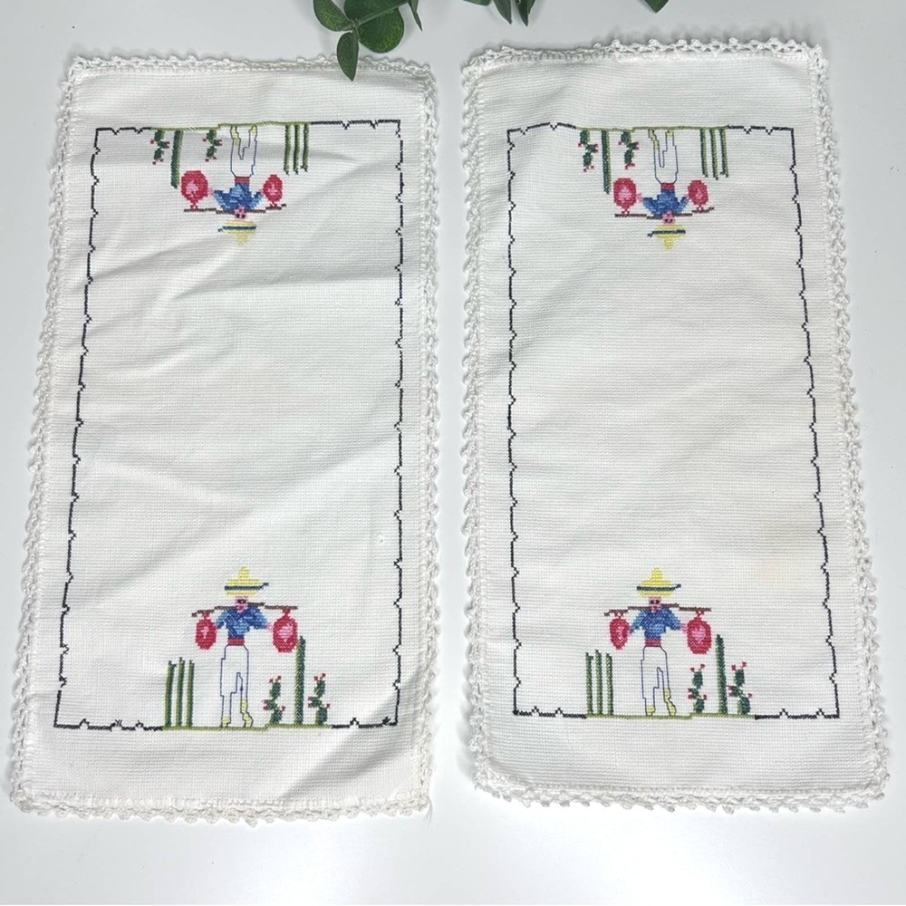 Vintage Mexican Fiesta Dollies Cross Stitch Embroidered Folk Art Set of 2